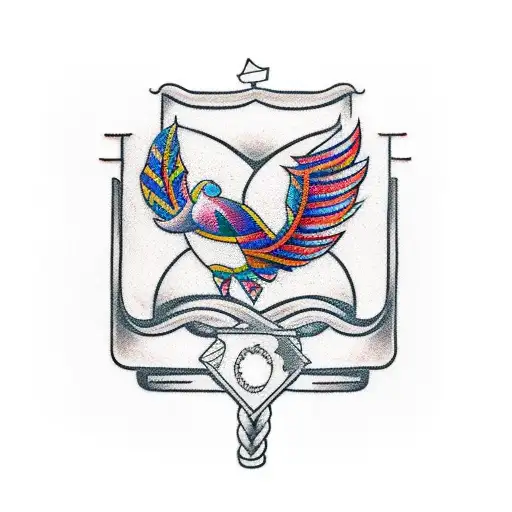 A Traditional Style Tattoo Of A Heacock Feather Intertwined With A Game Controller