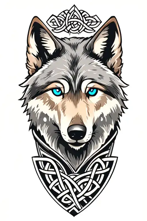 Wolf With Blue Eyes On Armor Tattoo Design Featuring Celtic Trinity Knot