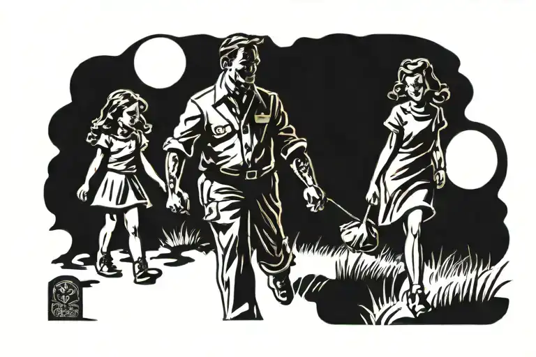 Father And One Daughter Shadow Walking