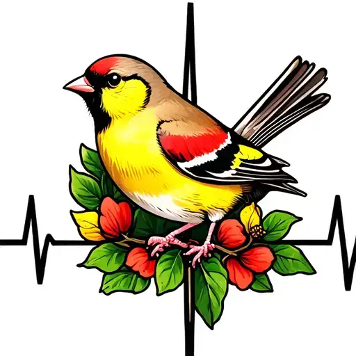 Heartbeat Line With Goldfinch Bird