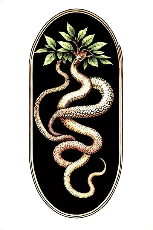 A Snake Is Coiled Around The Trunk Of The Garden Of Eden Tree