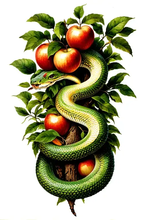 A Snake Is Coiled Around The Trunk Of The Garden Of Eden Tree With Apples