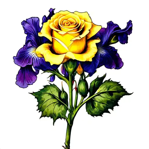 Long-stemmed Yellow Rose With Purple Iris Flower