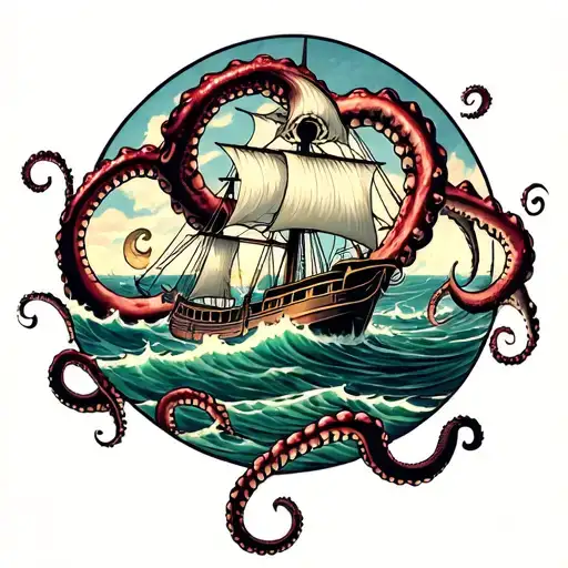 Kraken Tentacles Wrapped Round A Ship Sailing Through Stormy Waters
