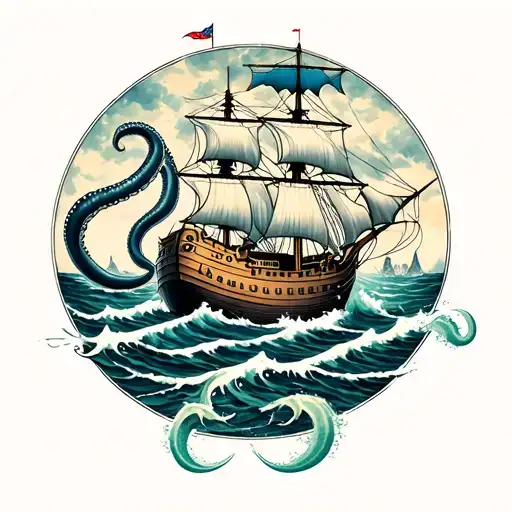 Giant Squid Wrapped Round A Ship Sailing Through Stormy Waters