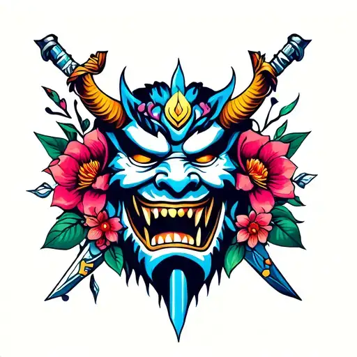 Oni Mask With Flowers And Sword Piercing