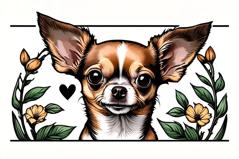Full Body Fawn And White Chihuahua Dog With Floppy Ears And Black Heart Shape Nose