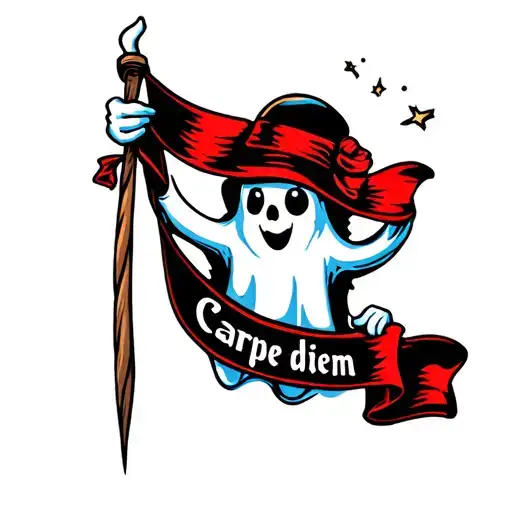 Cute Ghost Peeking Behind A Banner Which He Is Holding Flicking Someone Off As It Says Carpe Diem