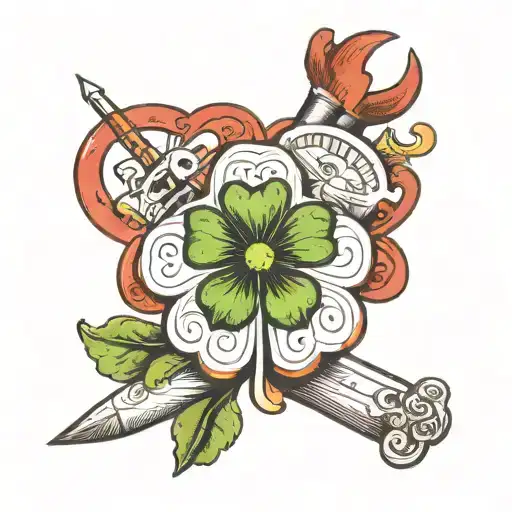 A Clover-shaped Tattoo Incorporating Various Tools To Symbolize The Client's Passion For Their Trade