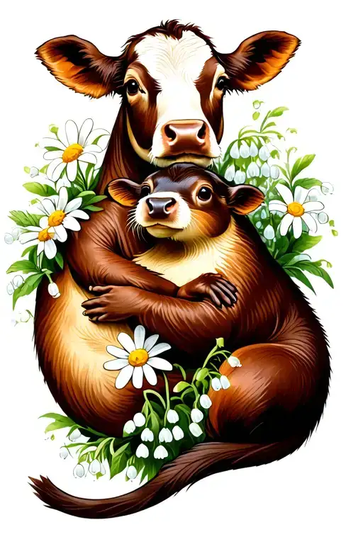 Cow And Otter Hugging With Daisys And Lily Of The Valley