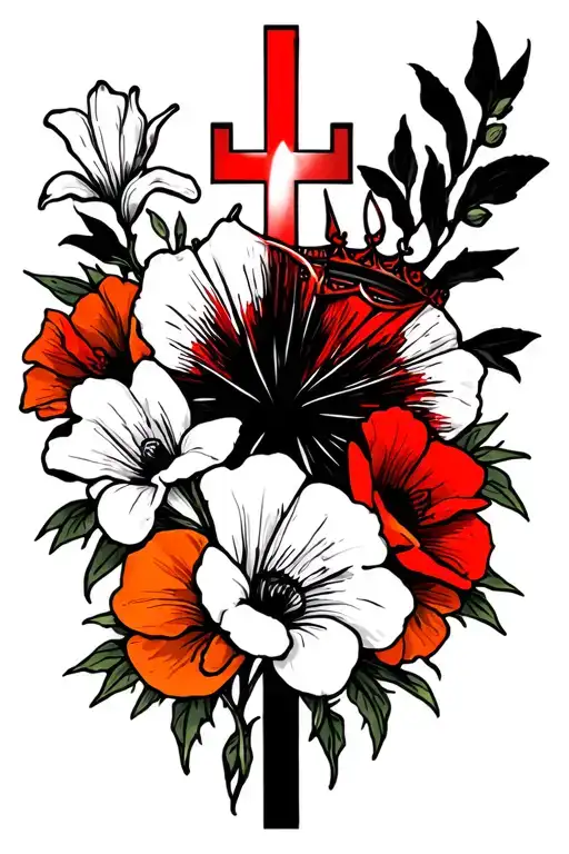 Red Cross Black White Light Behind Cross White Orange Lillies Red Poppies Black Thorn Crown
