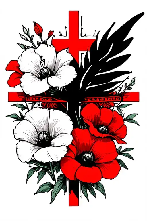 Red Cross Black White Light Behind Cross White Orange Lillies Red Poppies Black Thorn Crown