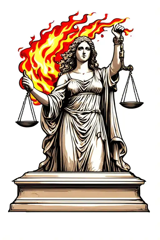 Lady Of Justice Holding Scales That Resemble A Moving Flame