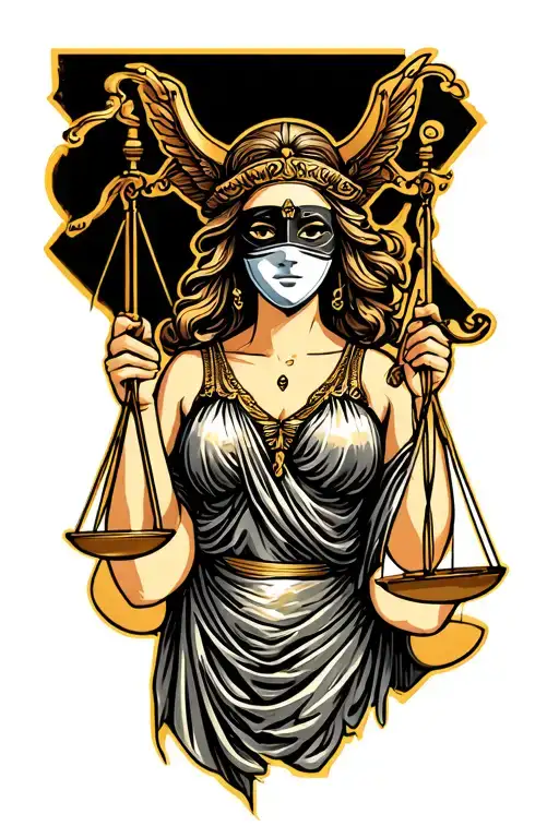 Lady Of Justice Holding Scales And Wearing A Faced Mask Of Dark And Light