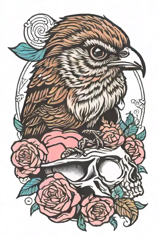 Cute Song Sparrow Sitting On Smooth Feminine Long Haired Female Skull Blowing Bubblegum