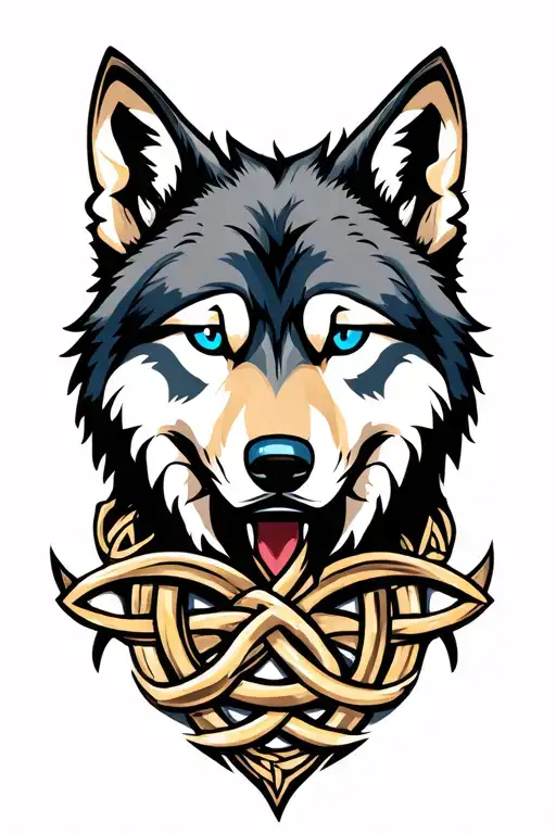 Wolf With Blue Eyes On Armor Tattoo Design Featuring Celtic Trinity Knot