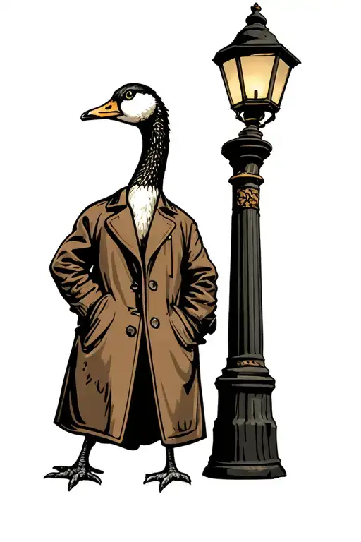 Goose In A Trench Coat Leaning Against A Lamp Post