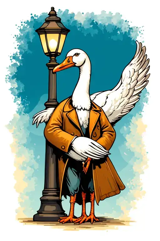 White Goose In A Trench Coat Leaning Against A Lamp Post