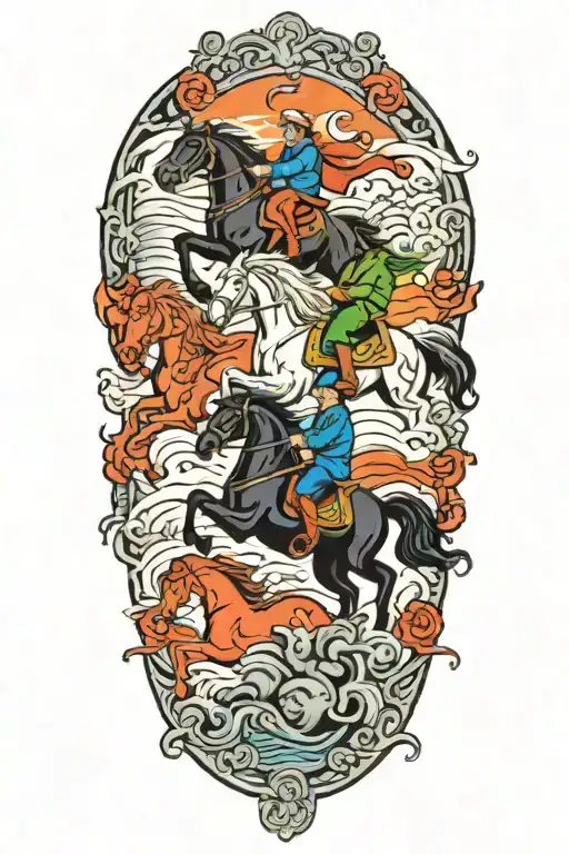 A Traditional Tattoo Design Of The Four Horsemen Galloping Across A Stormy Sea