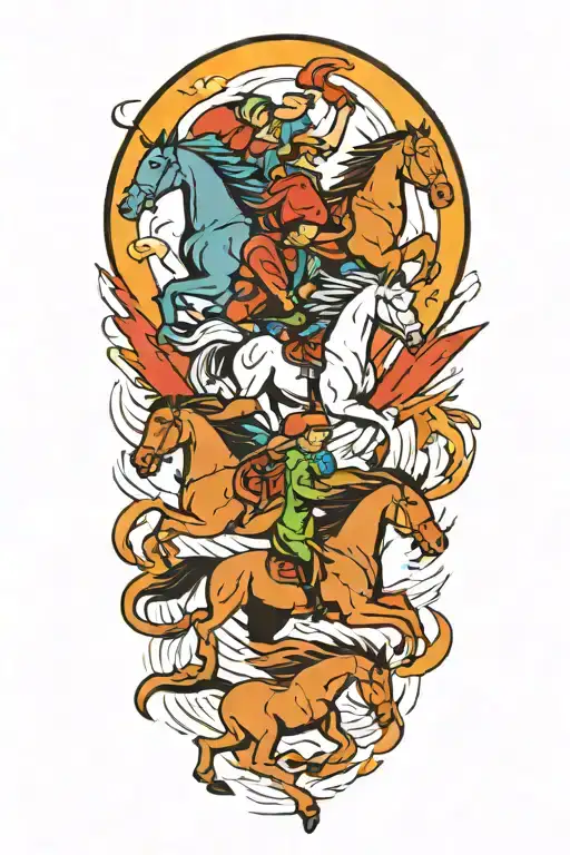 A Traditional Tattoo Design Of The Four Horseman And Lightning