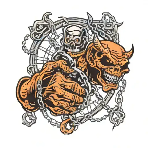 Handshake With The Devil Against The Backdrop Of Cobwebs And Chains