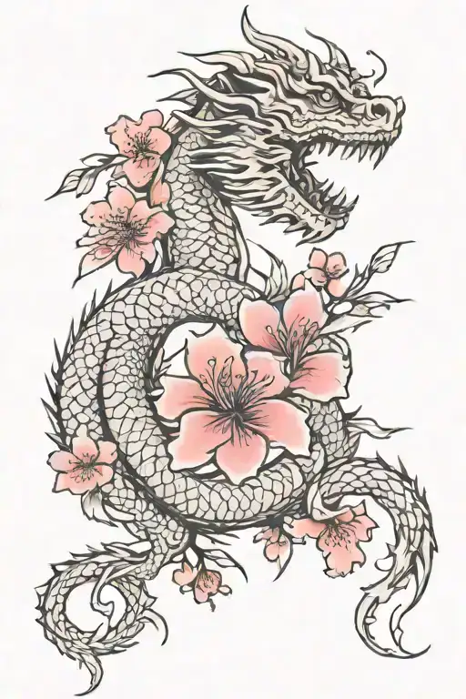 Dragon And Cherry Blossom Flowers