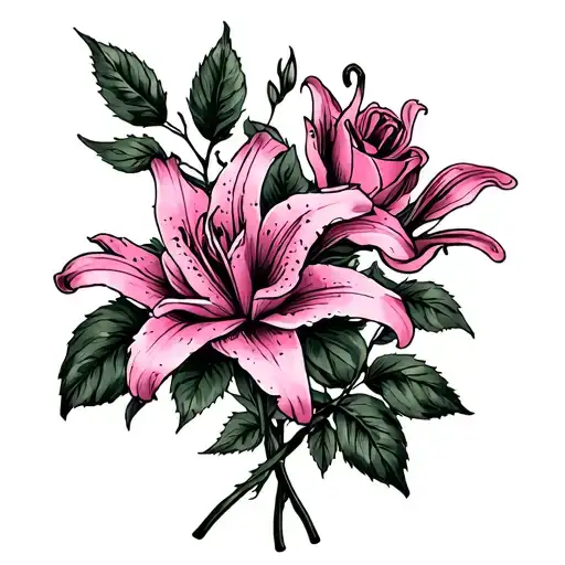 Black Rose And Pink Lily Flowers