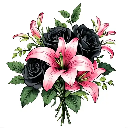 Bouquet With Black Roses And Pink Lilys