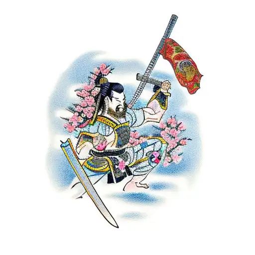 Samurai Kneeling At A Cherry Blossom