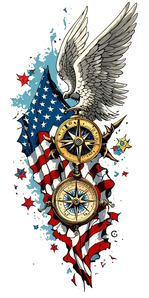 Fallen Angel And Gods With Nautical Compass And Pieces Of Torn American Flag