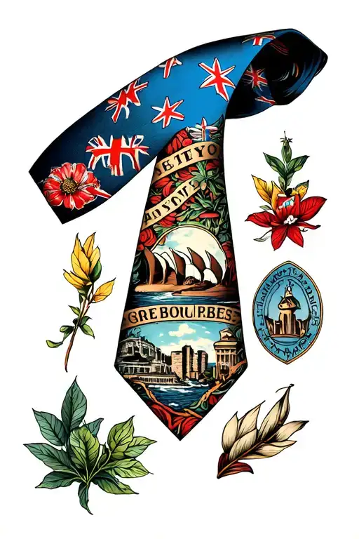 A Tatoo Of A Tie With Pictures Of Australia And Sydney Inside