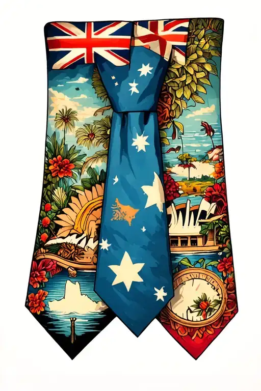 A Tatoo Of A Tie With Pictures Of Australia And Sydney Inside