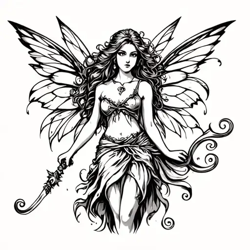 Tattoo That Represents Fairy Fae Woman Who Is A Warrior With Swirls And Wings