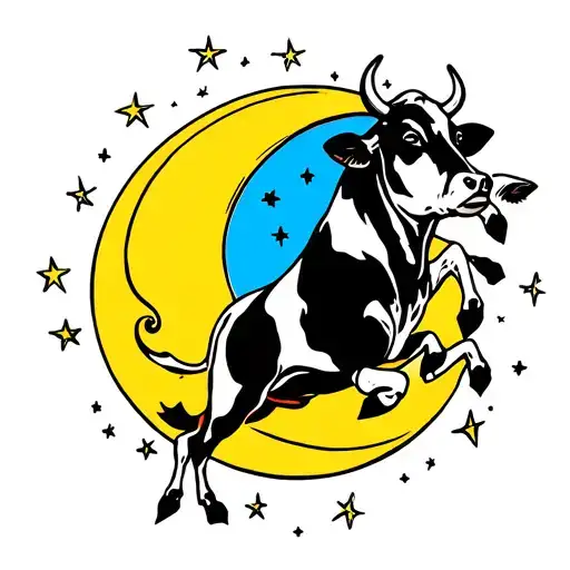 Cow Jumping Over A First Quarter Moon Surrounded By Stars