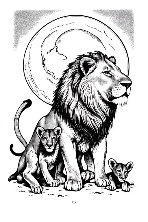 Lioness And Cubs Full Moon