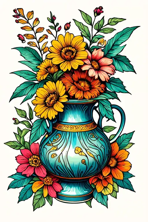 Vase With Floral Design And Plants Around