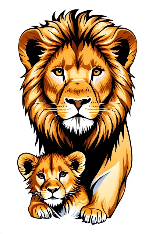 Lion And Cub Looking Straight Ahead