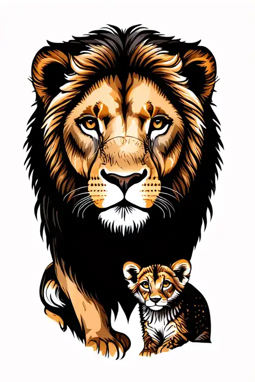 Girl Lion And Cub Looking Straight Ahead