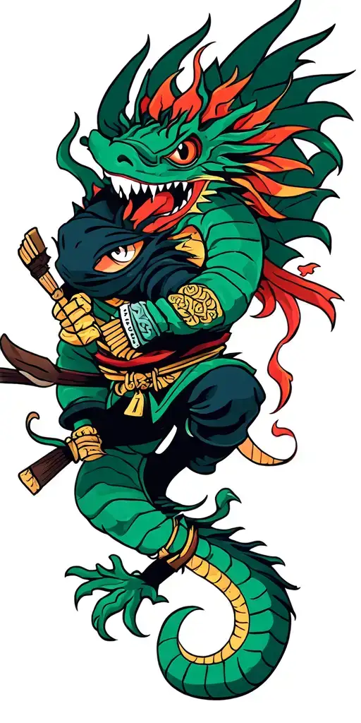 Colored Ninja Themed Tattoo With Dragon Flying