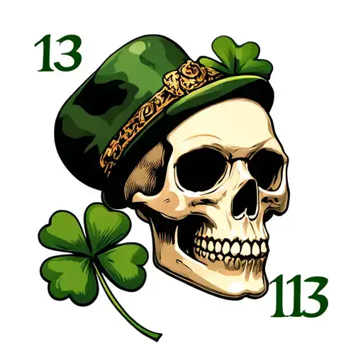 Tradional Skull With 4 Leaf Clover And The Number 13