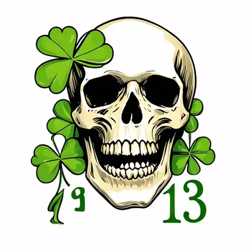 Skull With 4 Leaf Clover And The Number 13