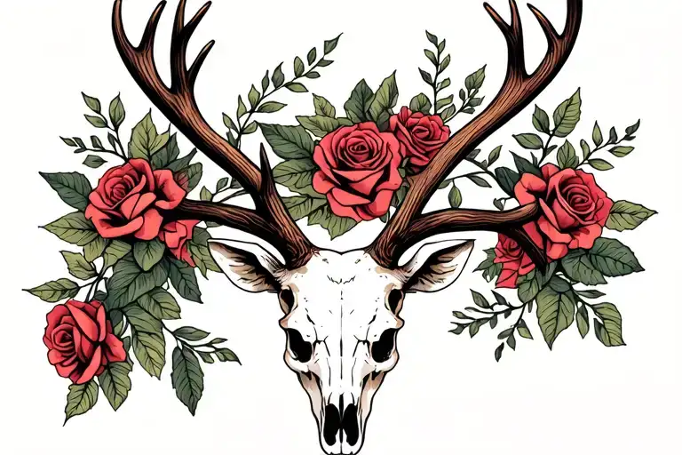 Deer Skull With Antlers And Roses Intertwined