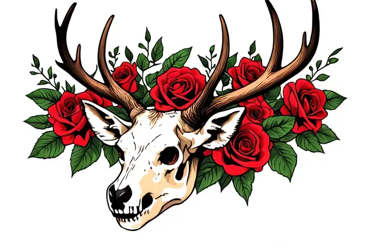 Deer Skull With Antlers And Roses Intertwined