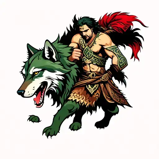 Irish Celtic Warrior Fighting A Wolf