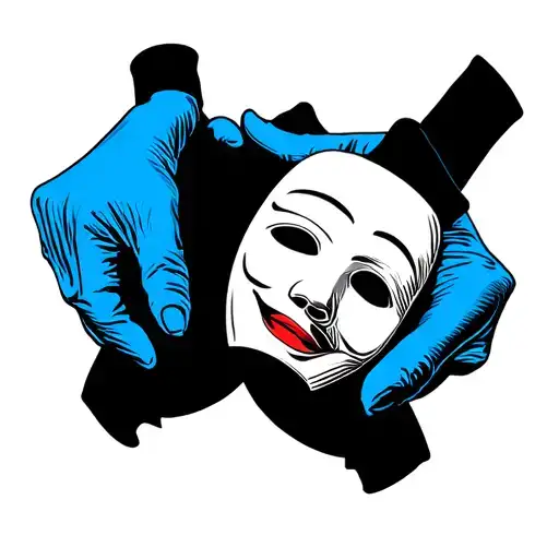 Two Blue Gloves Holding A Mime Mask In The Middle Of Them