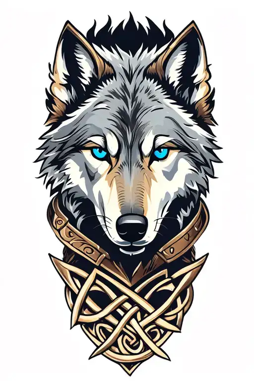 Wolf With Blue Eyes On Armor Tattoo Design Featuring Celtic Trinity Knot