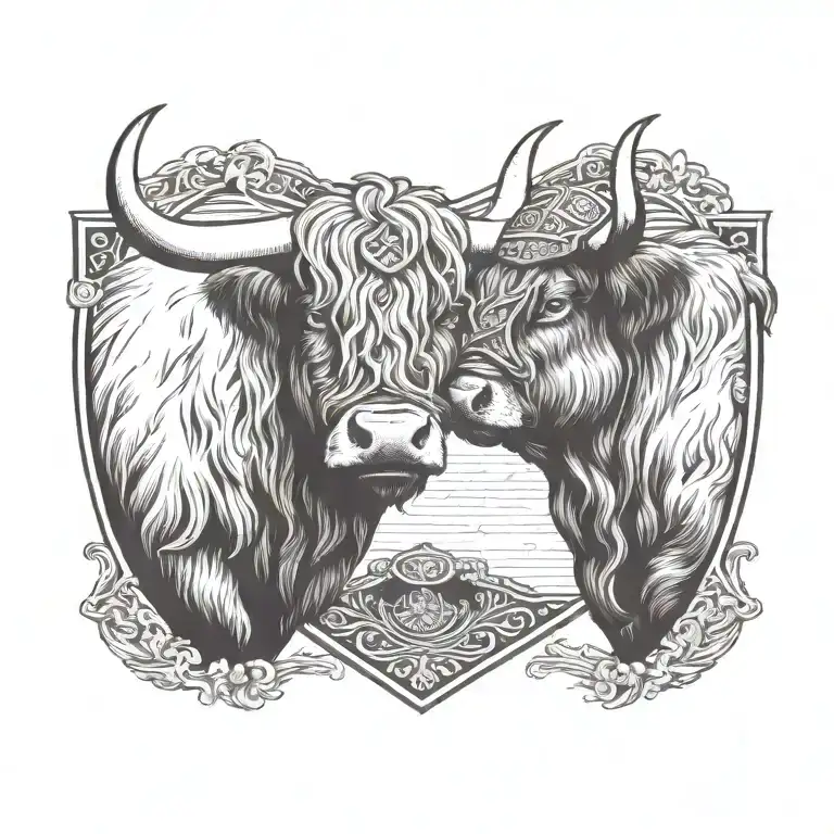 Highland Cow Wearing A Viking Helmet Is Nose To Nose With Another Highland Cow With A Shield