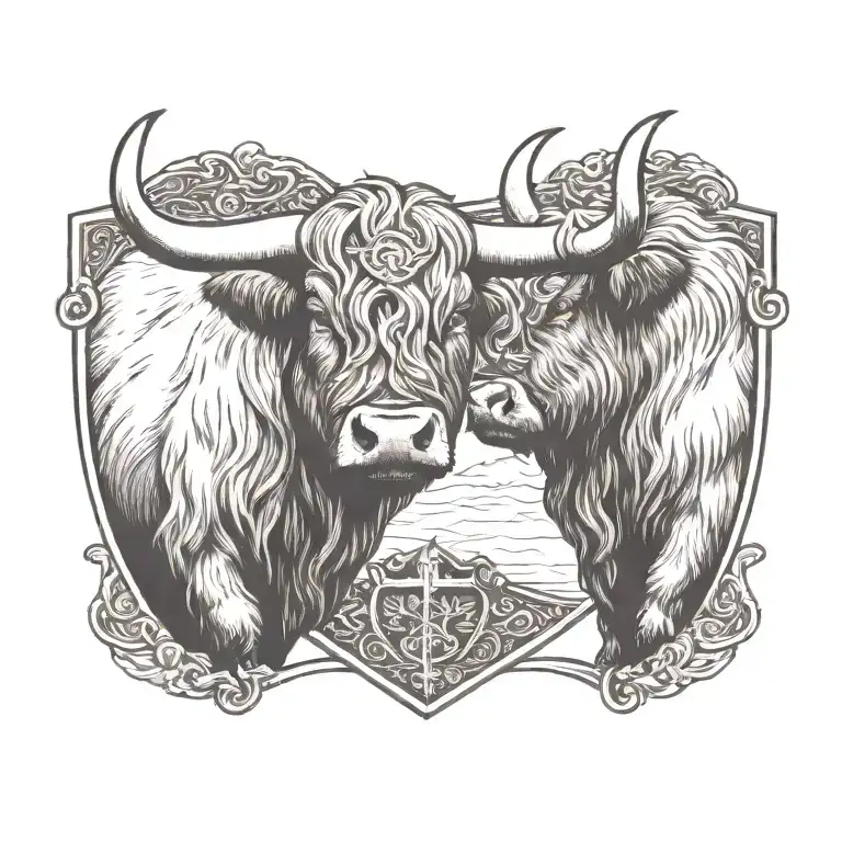 Highland Cow Wearing A Viking Helmet Is Nose To Nose With Another Highland Cow With A Shield