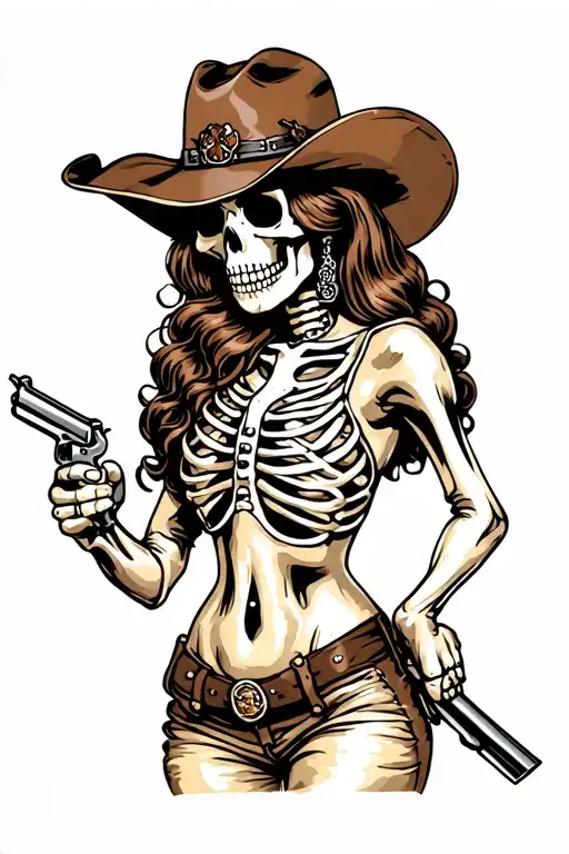 Female Skeleton Cowgirl Holding A Revolver