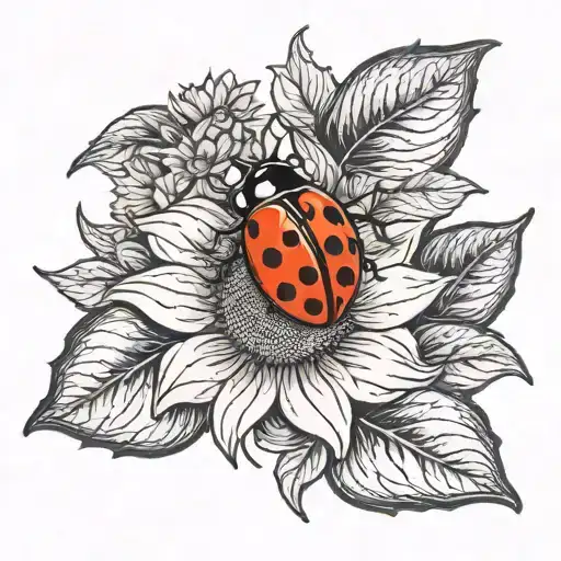 Lady Bug With Sunflower Blooming